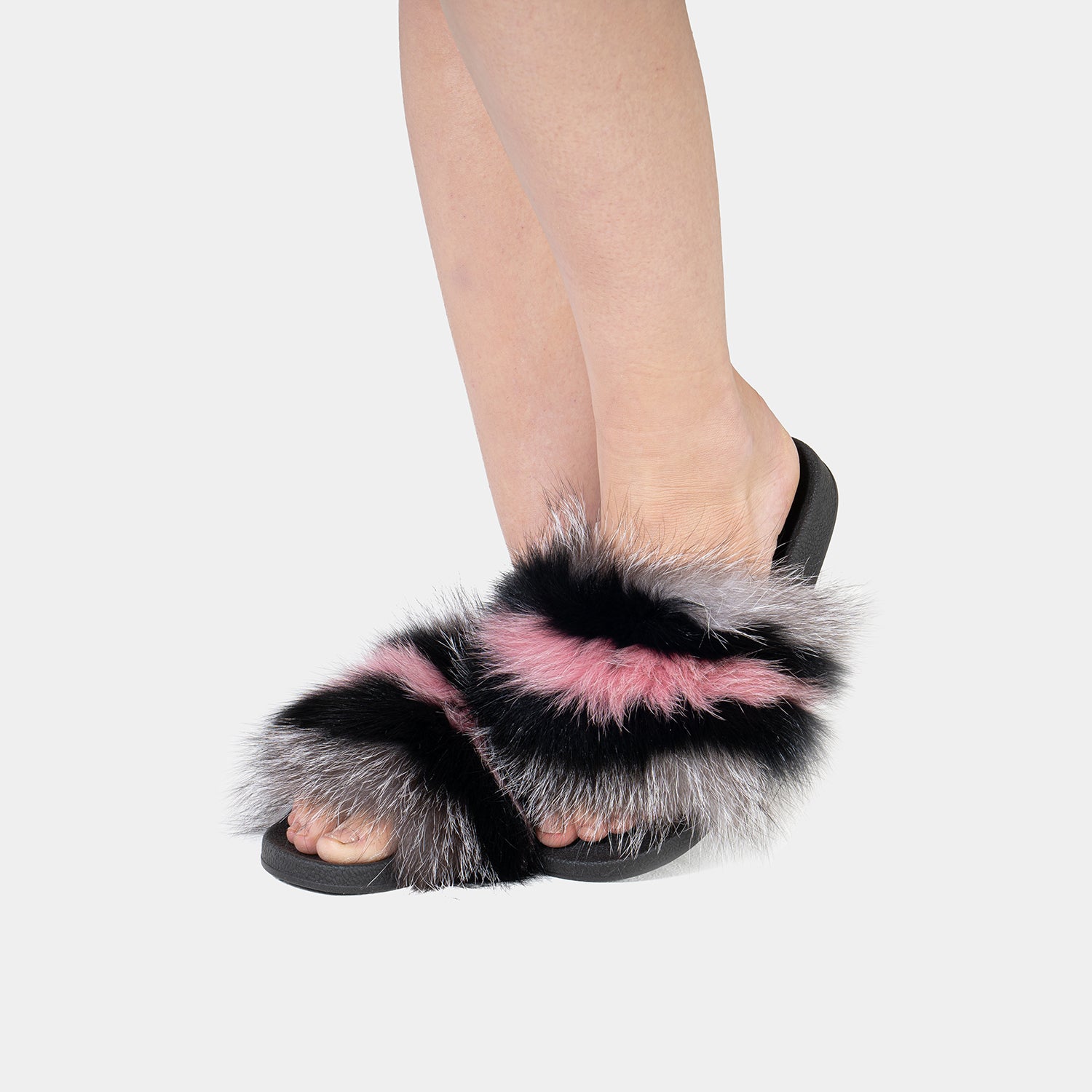 St. Moritz - Slipper Con Pelo Di Volpe Grigio Nero & Rosa