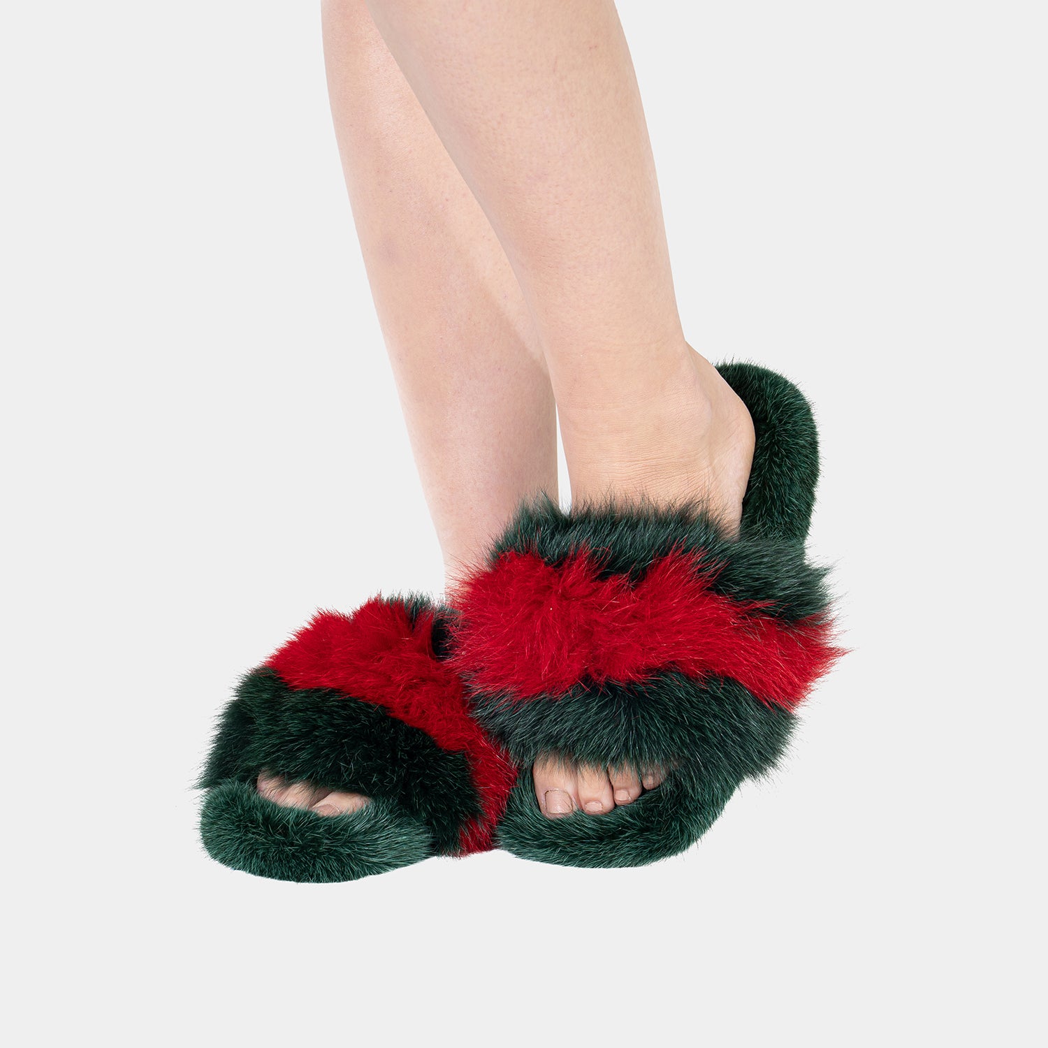 ASPEN - Red and Green Fox & Mink Fur Slipper