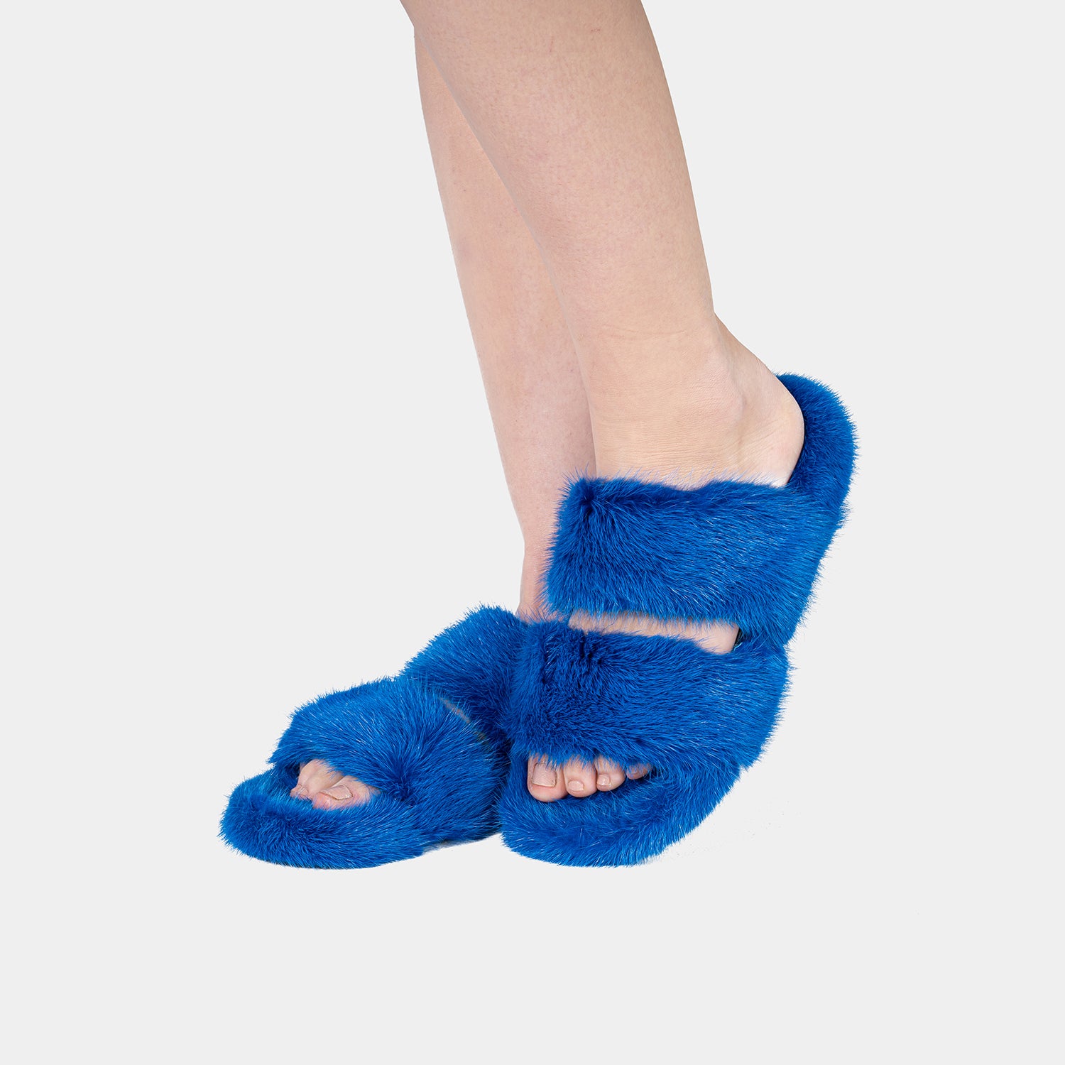 CORTINA - Slipper doppia fascia con Pelo di Visone Blu