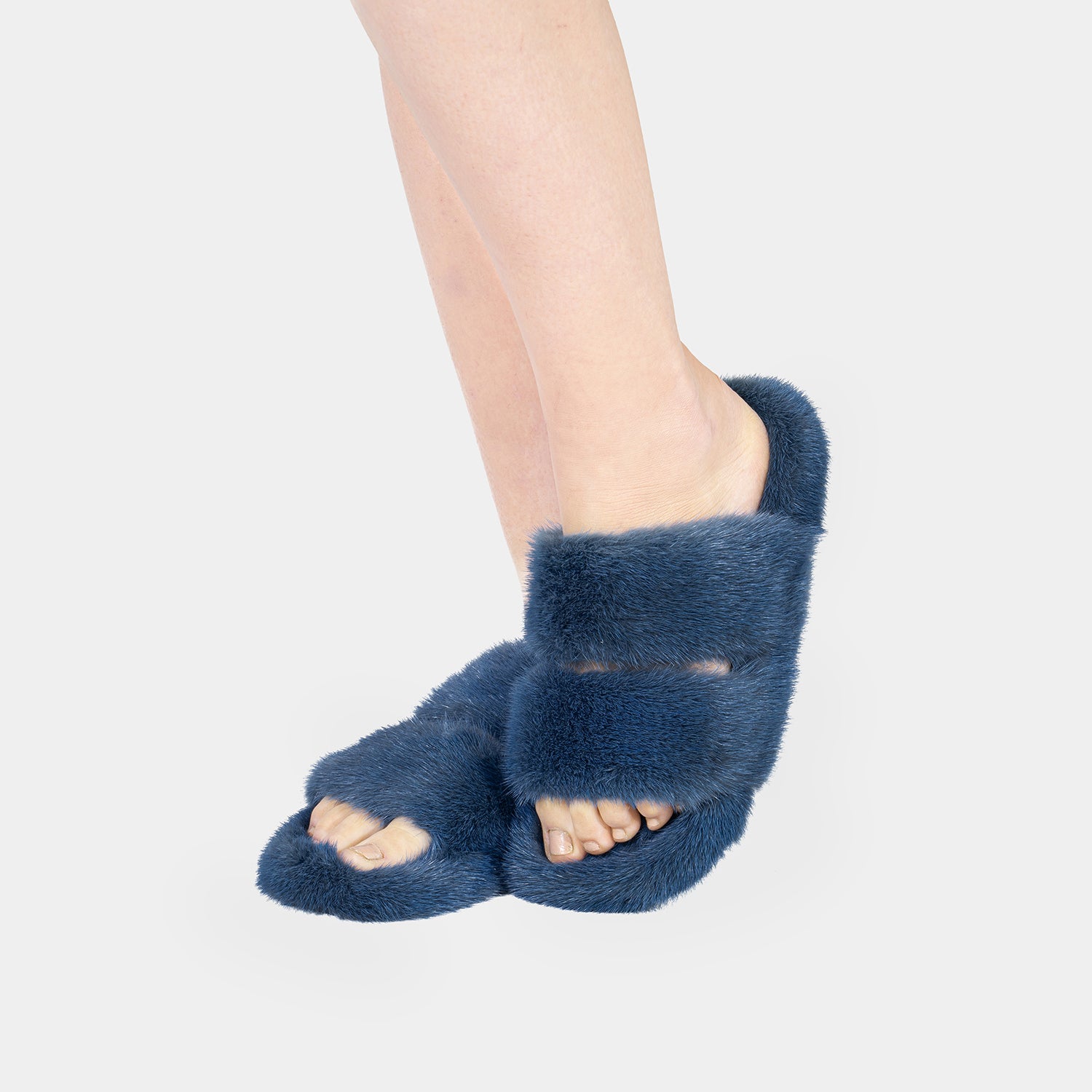 CORTINA - Slipper doppia fascia con Pelo di Visone Blu Oceano