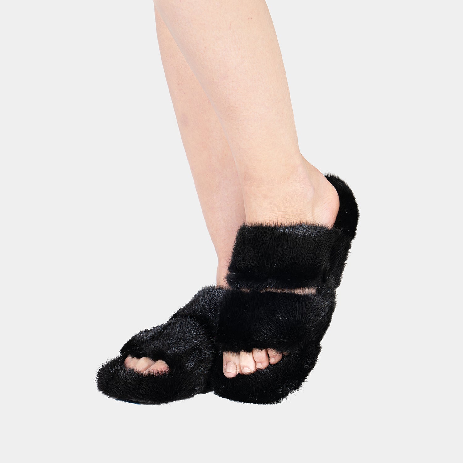 CORTINA - Slipper doppia fascia con Pelo di Visone Nero