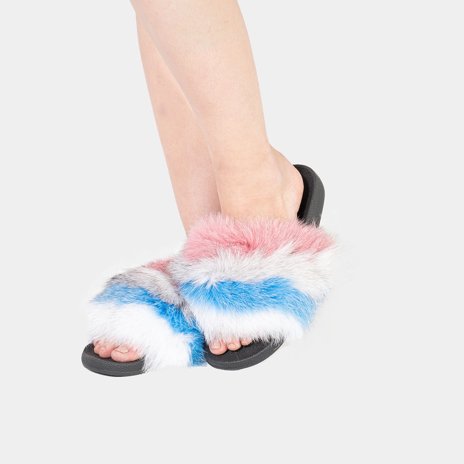 St. Moritz - Slipper Con Pelo Di Volpe Grigio Bianco Azzurro Rosa