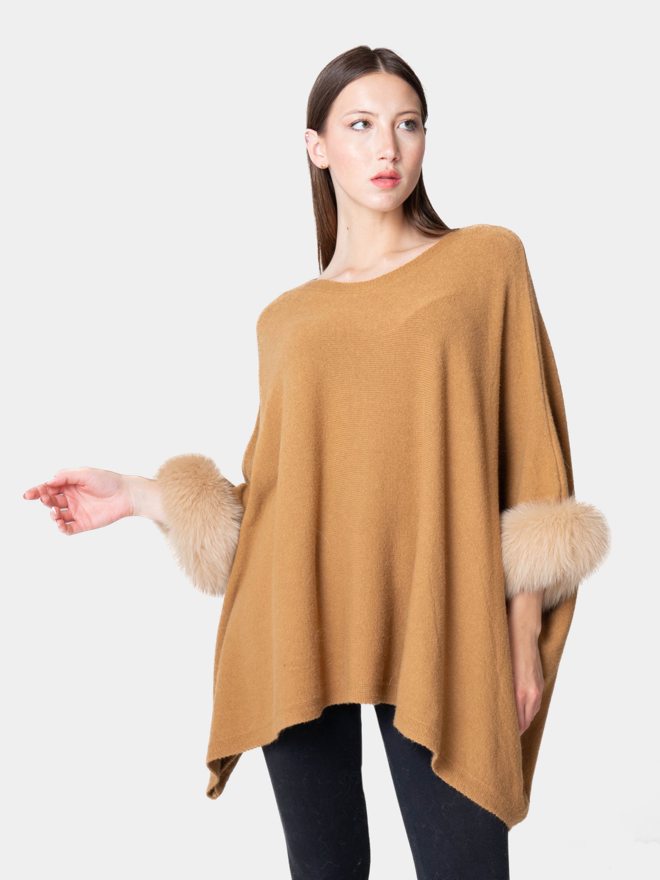 Londra - Poncho con pelo sui polsini Cammello