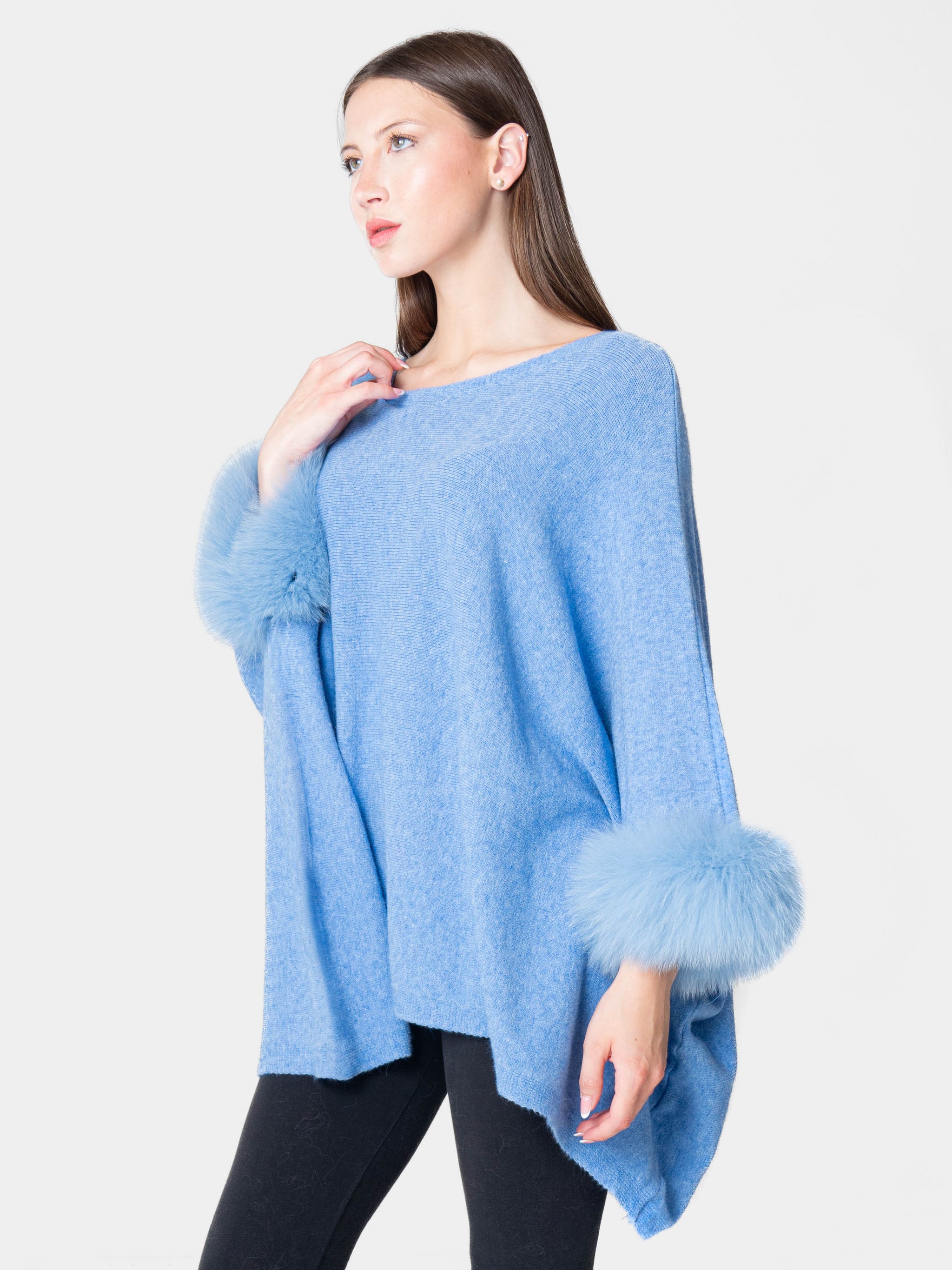 London - Poncho with fur on the cuffs Light Blue