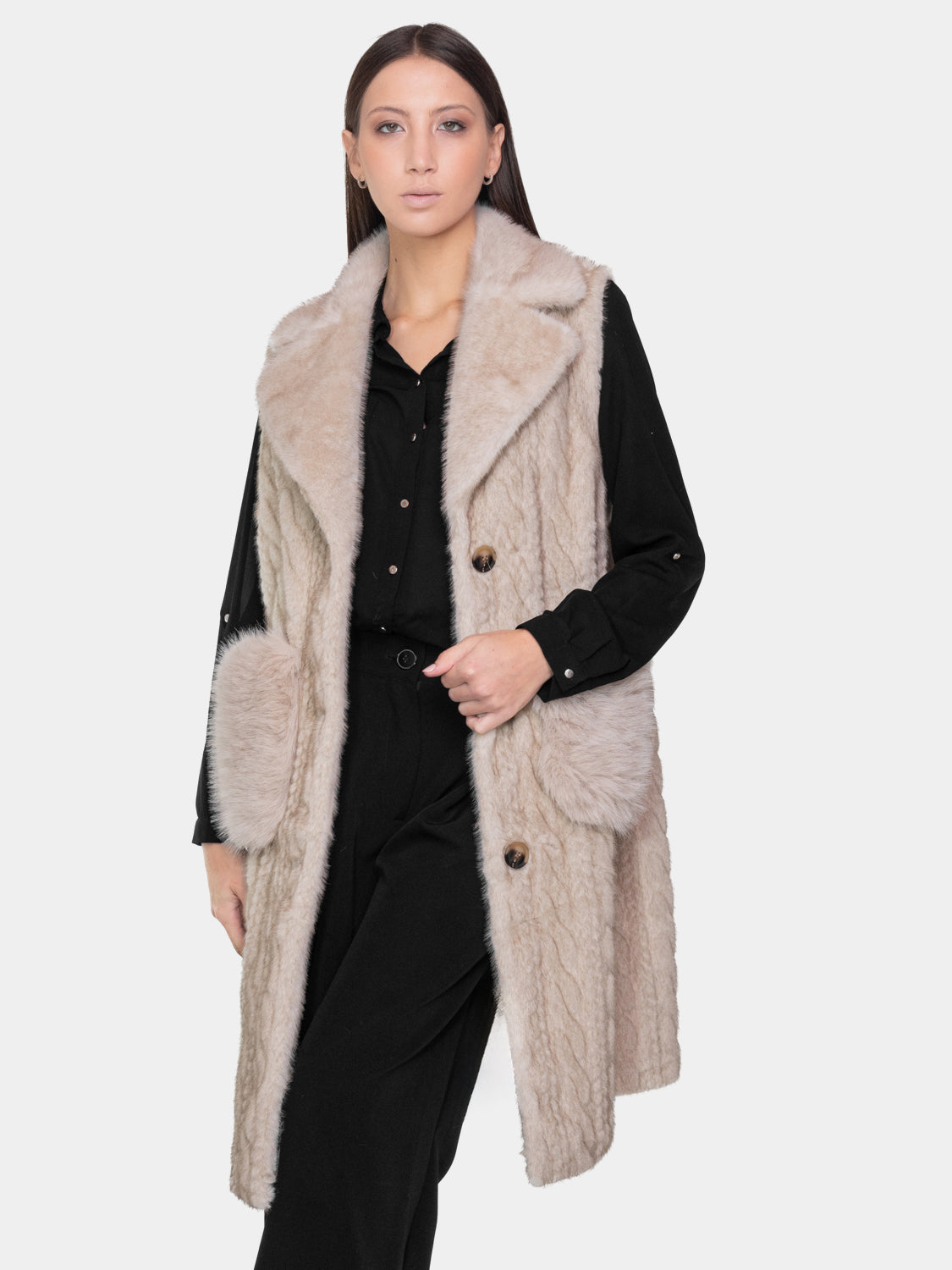 Gilet lungo ecopelliccia - Sabbia