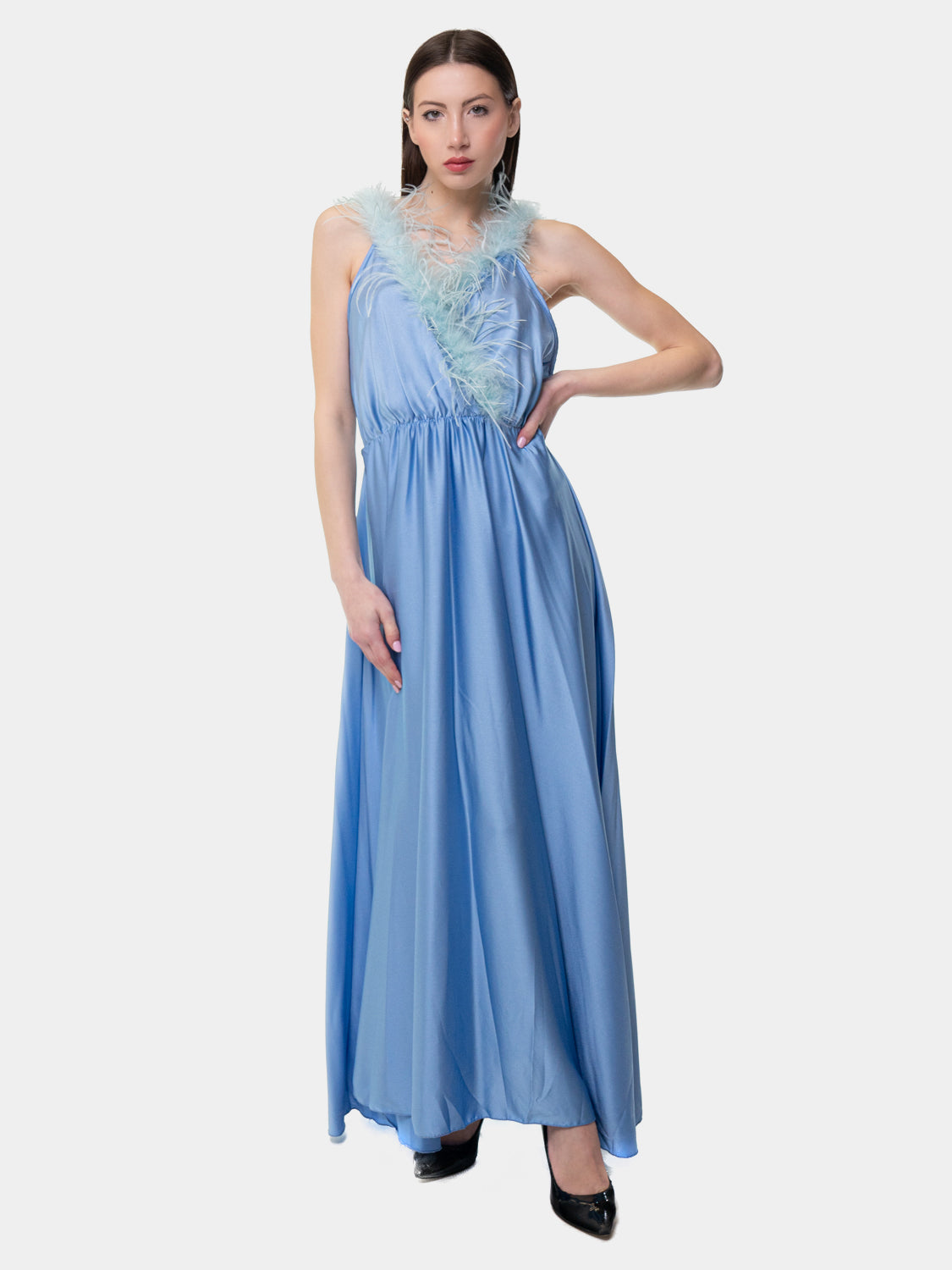 PIETRASANTA - Dress with feathers on the neckline - Light blue