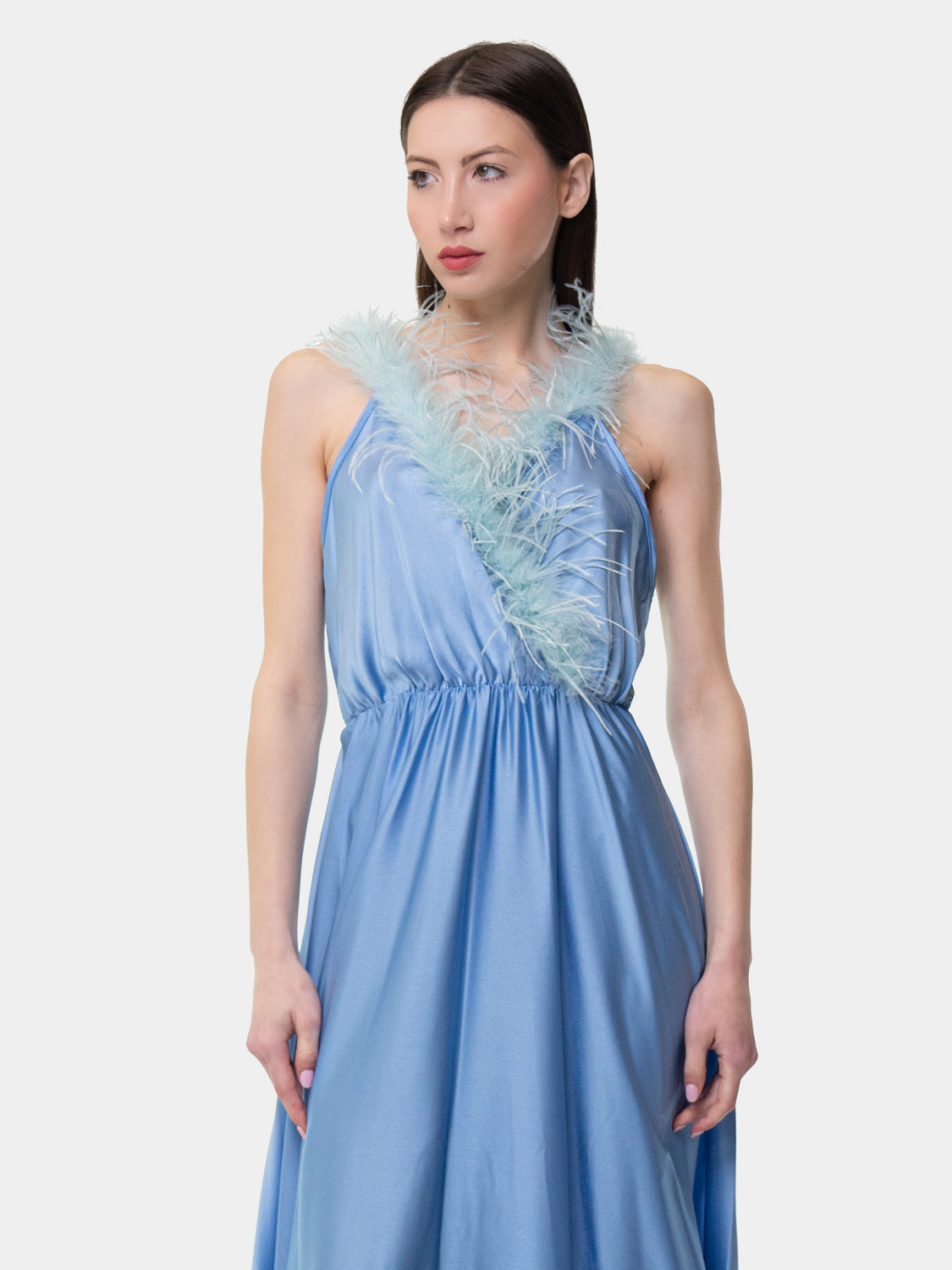 PIETRASANTA - Dress with feathers on the neckline - Light blue