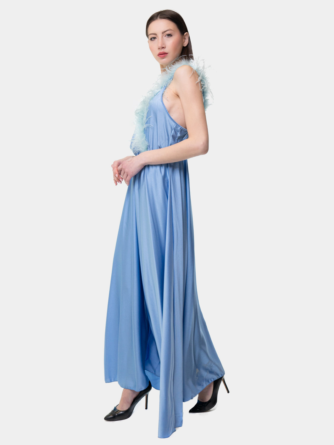 PIETRASANTA - Dress with feathers on the neckline - Light blue