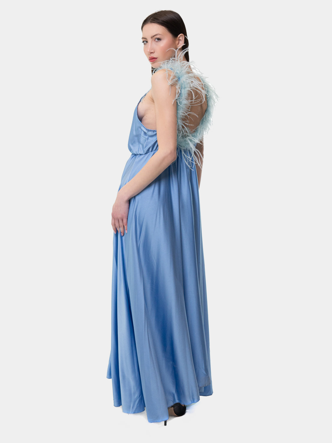 PIETRASANTA - Dress with feathers on the neckline - Light blue