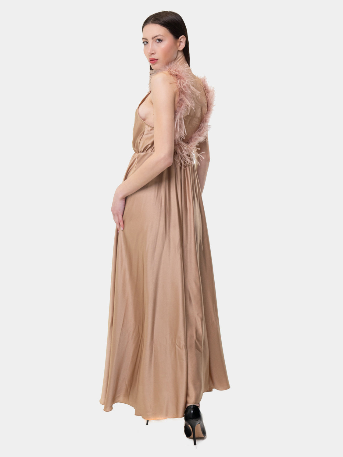 PIETRASANTA - Dress with feathers on the neckline - Antique Pink