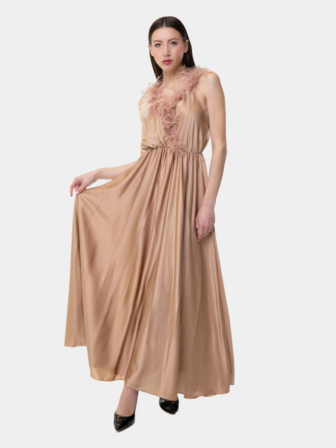 PIETRASANTA - Dress with feathers on the neckline - Antique Pink