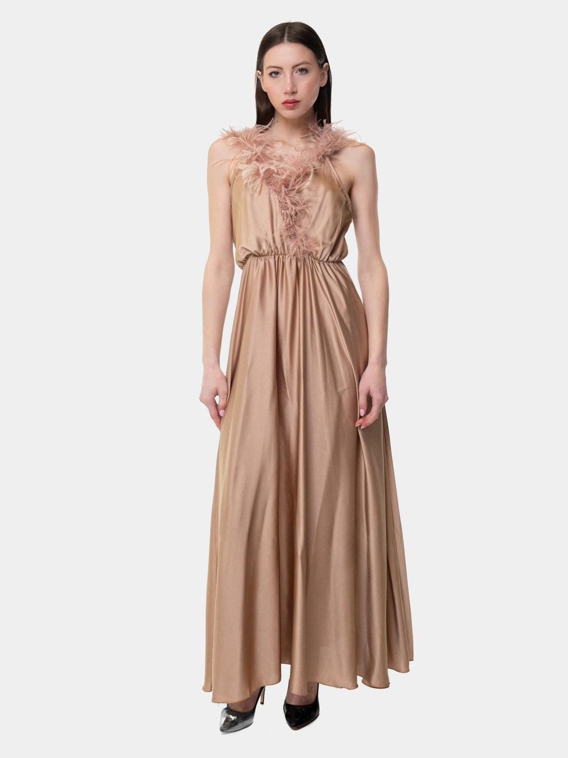 PIETRASANTA - Dress with feathers on the neckline - Antique Pink