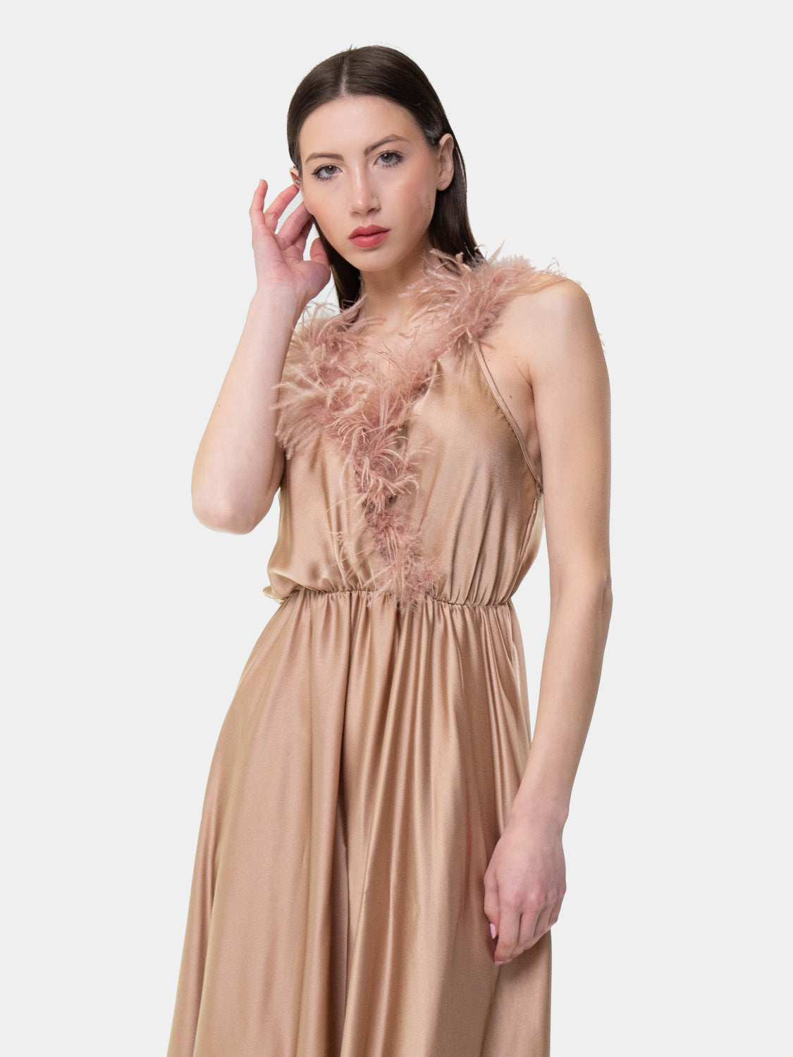 PIETRASANTA - Dress with feathers on the neckline - Antique Pink