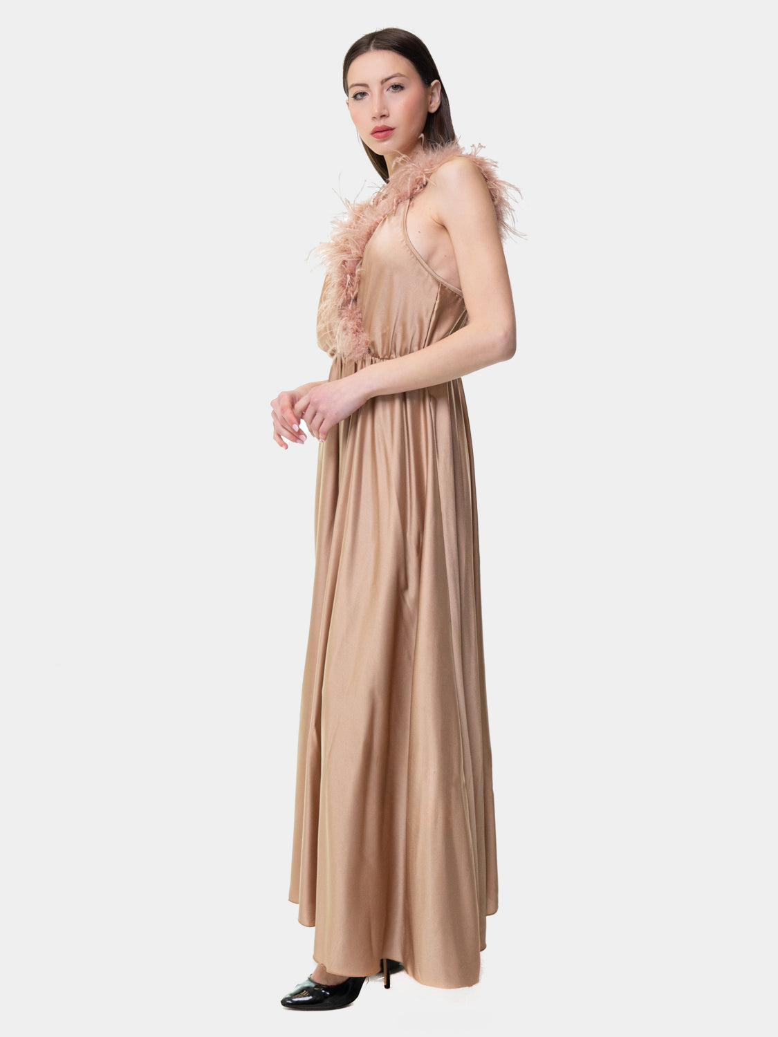 PIETRASANTA - Dress with feathers on the neckline - Antique Pink