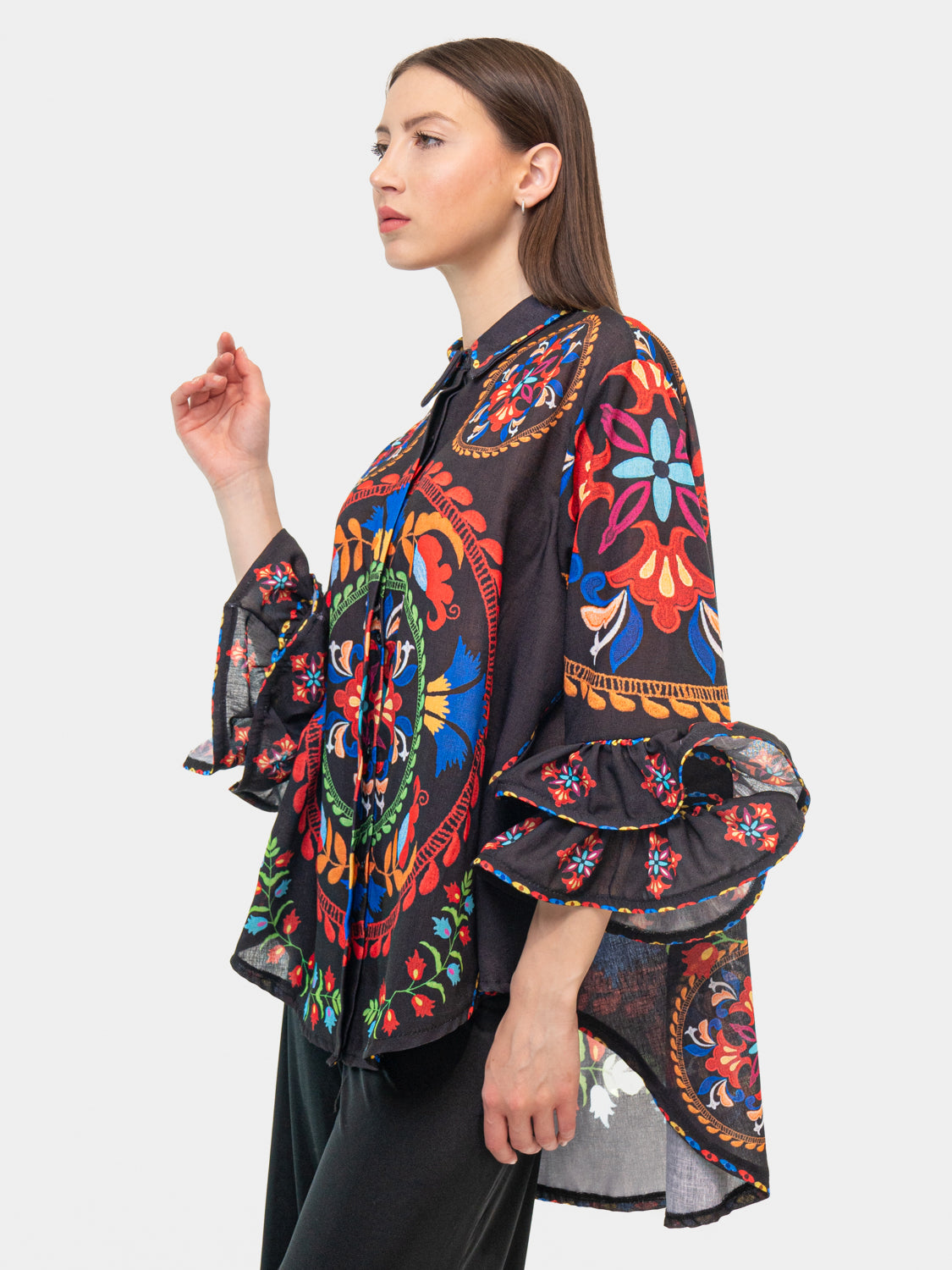 FLAMENCO Shirt - Black with Floral and Geometric Pattern