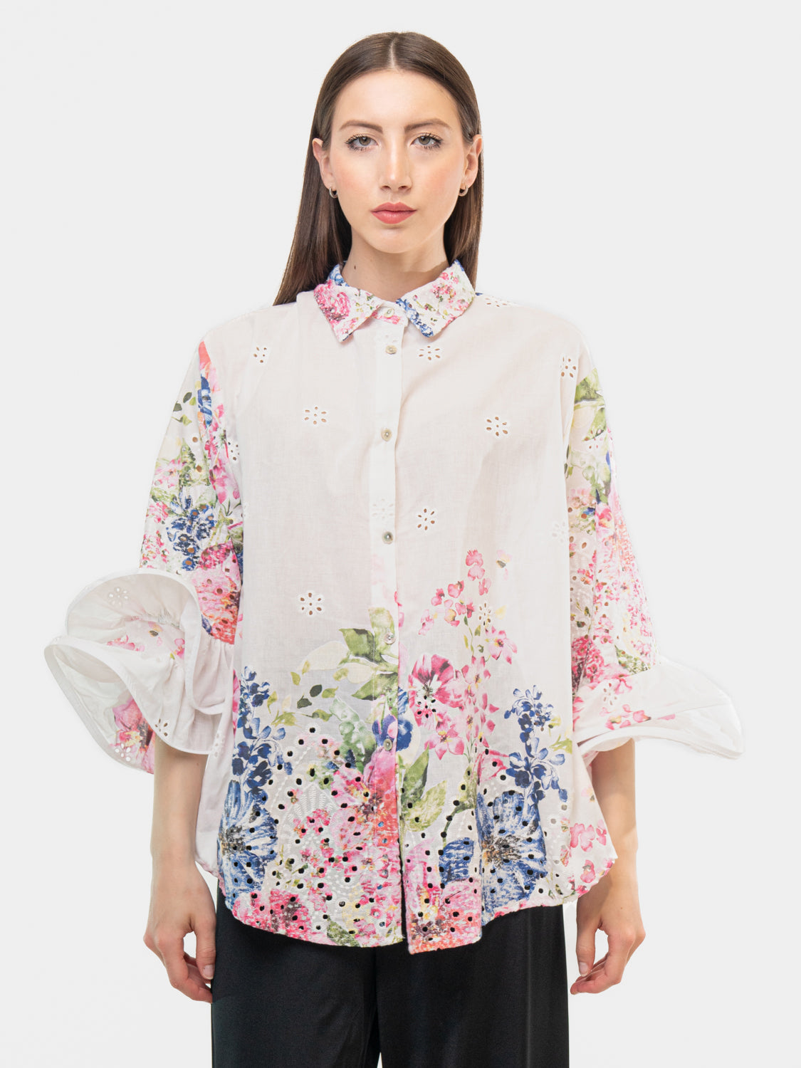 FLAMENCO Shirt - Floral Pattern on Sleeves and Collar