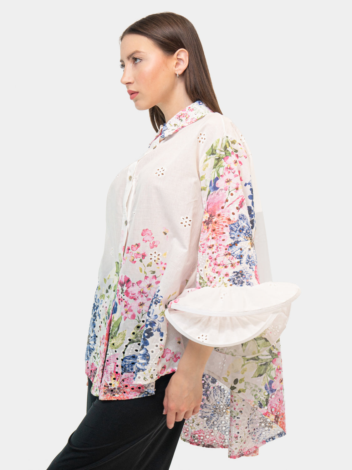 FLAMENCO Shirt - Floral Pattern on Sleeves and Collar