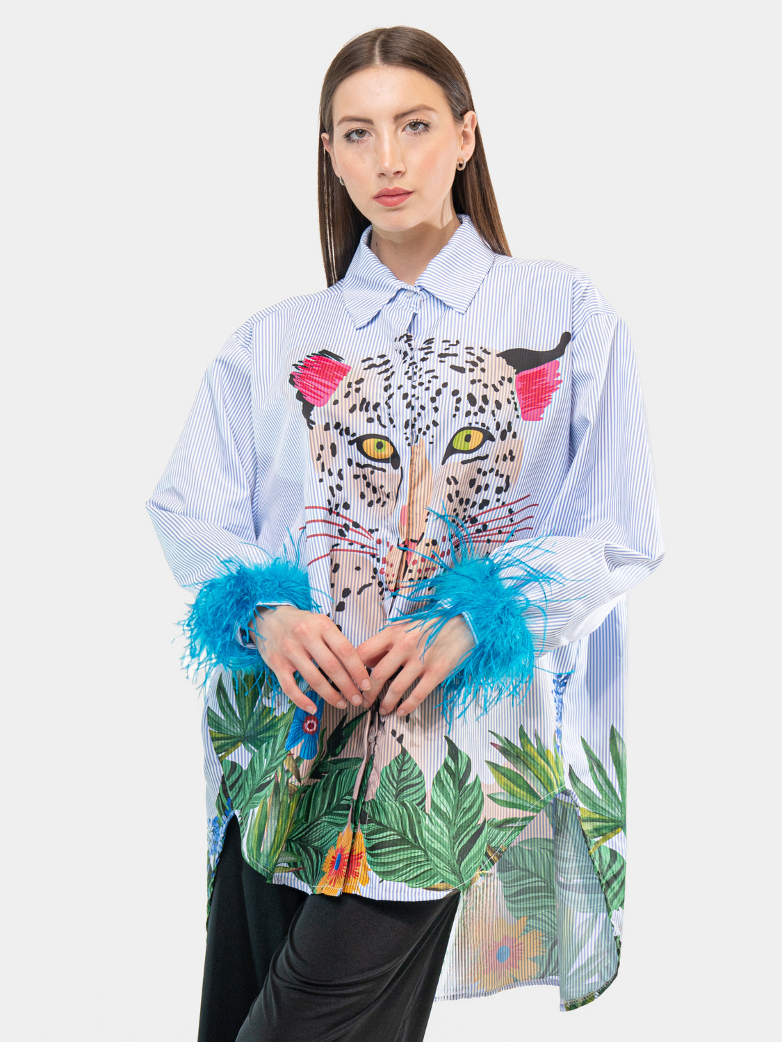 HAVANA Shirt - Leopard embroidered with natural pattern on the bust and blue sleeves