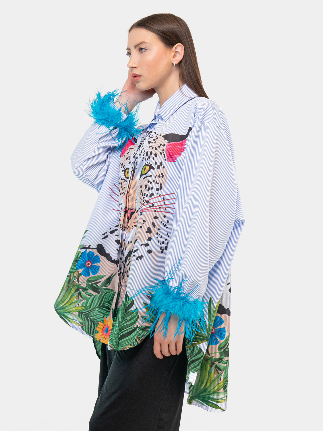 HAVANA Shirt - Leopard embroidered with natural pattern on the bust and blue sleeves