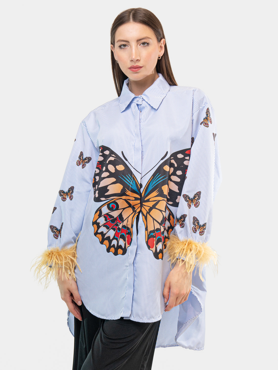 HAVANA Shirt - Butterflies Embroidered on Arm and Bust with Yellow Sleeves