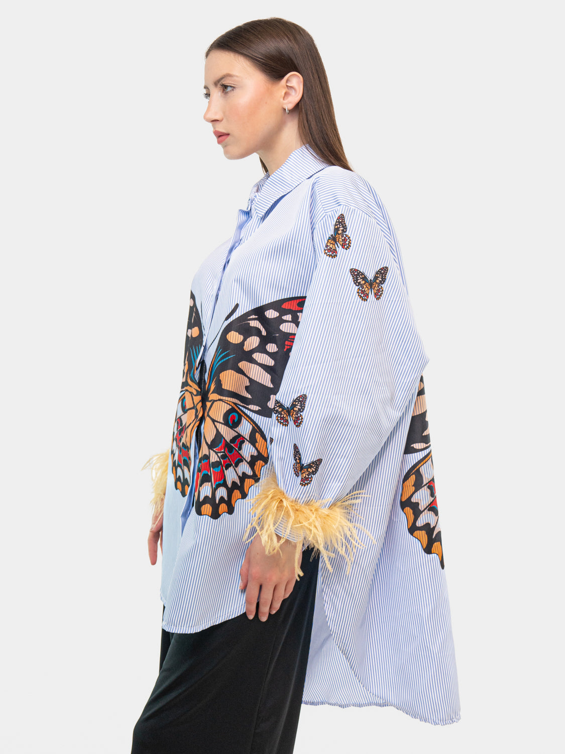 HAVANA Shirt - Butterflies Embroidered on Arm and Bust with Yellow Sleeves