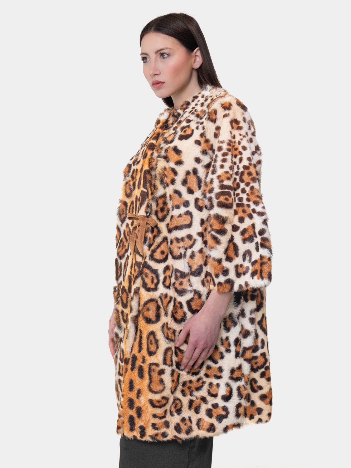 Cappotto in Pelliccia Leopardato in Visone Girocollo  - Modello Kimono