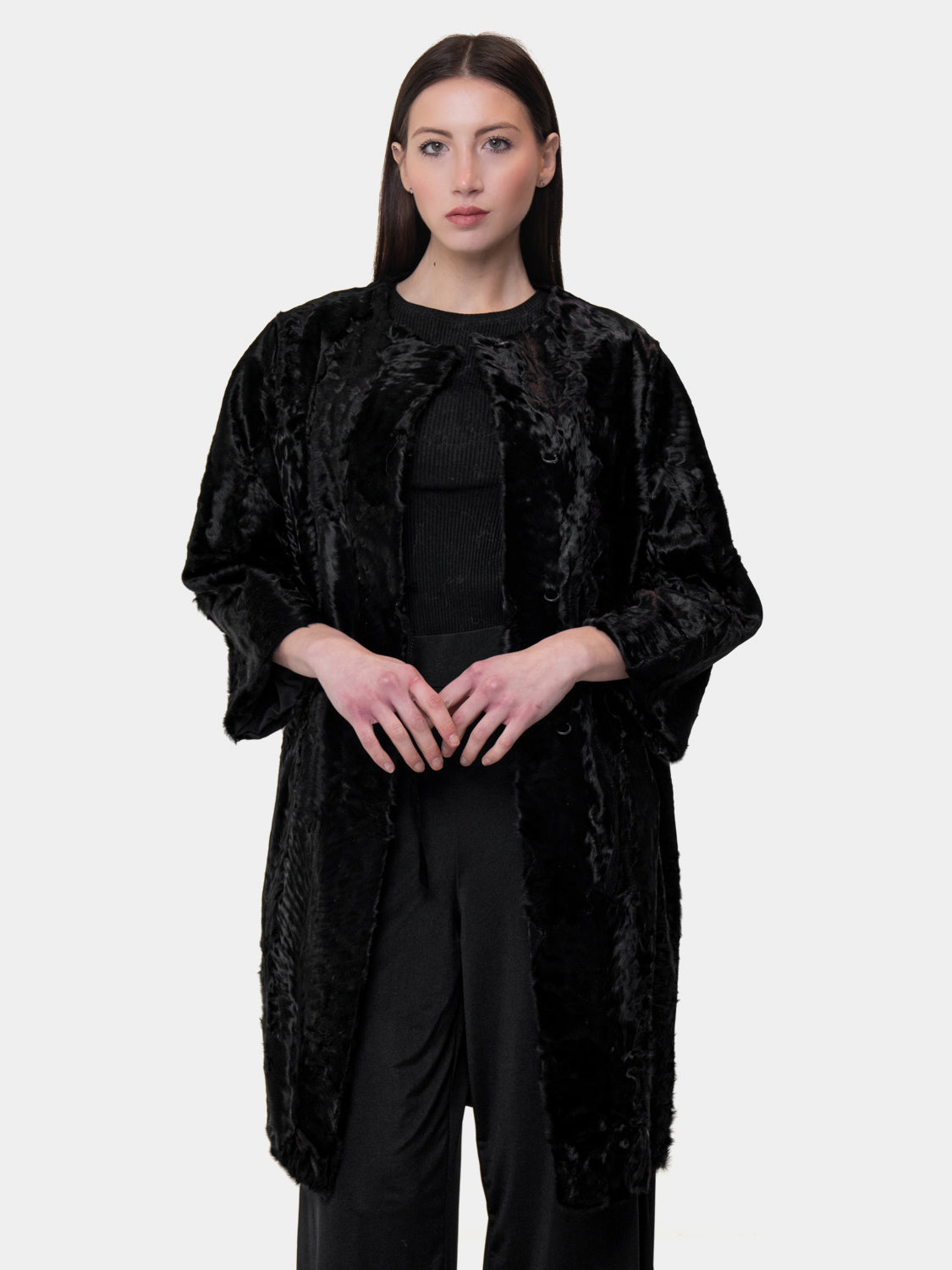 Pelliccia in Astracan Girocollo - Modello Kimono - Nero