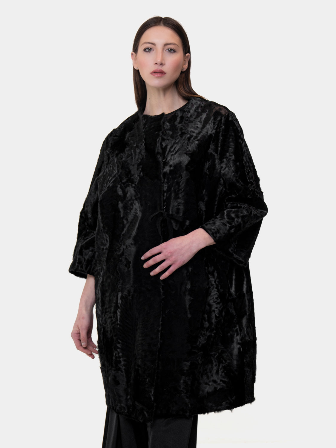 Pelliccia in Astracan Girocollo - Modello Kimono - Nero