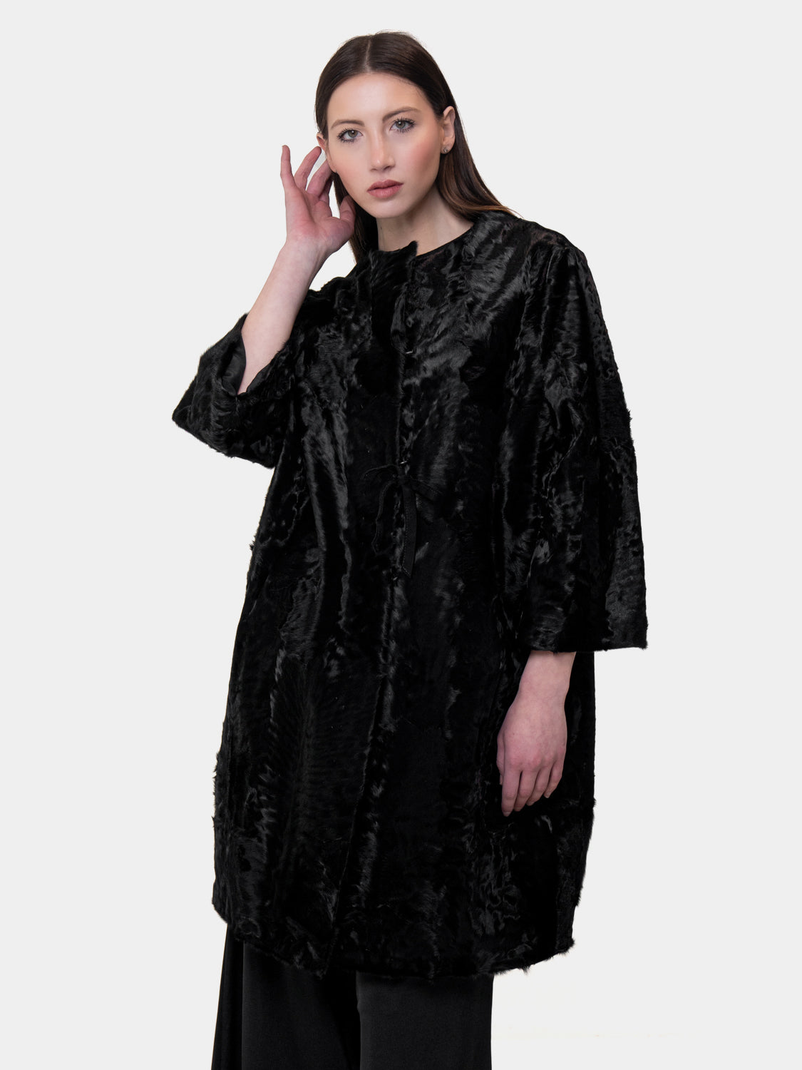 Pelliccia in Astracan Girocollo - Modello Kimono - Nero