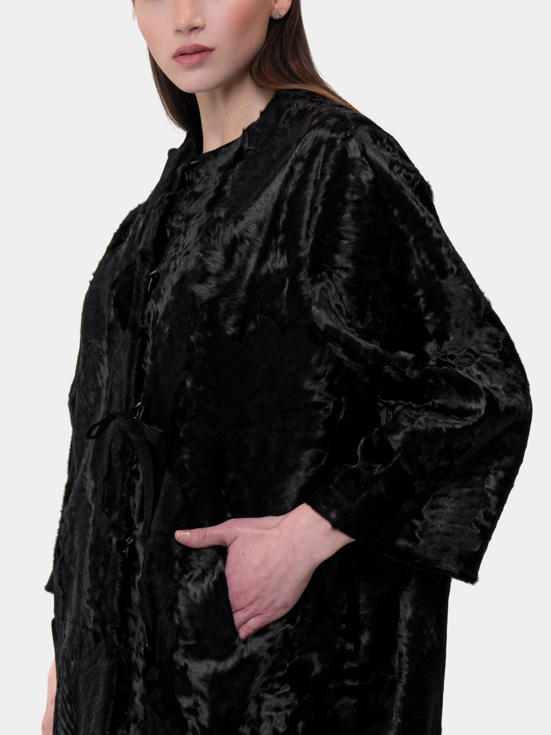 Pelliccia in Astracan Girocollo - Modello Kimono - Nero