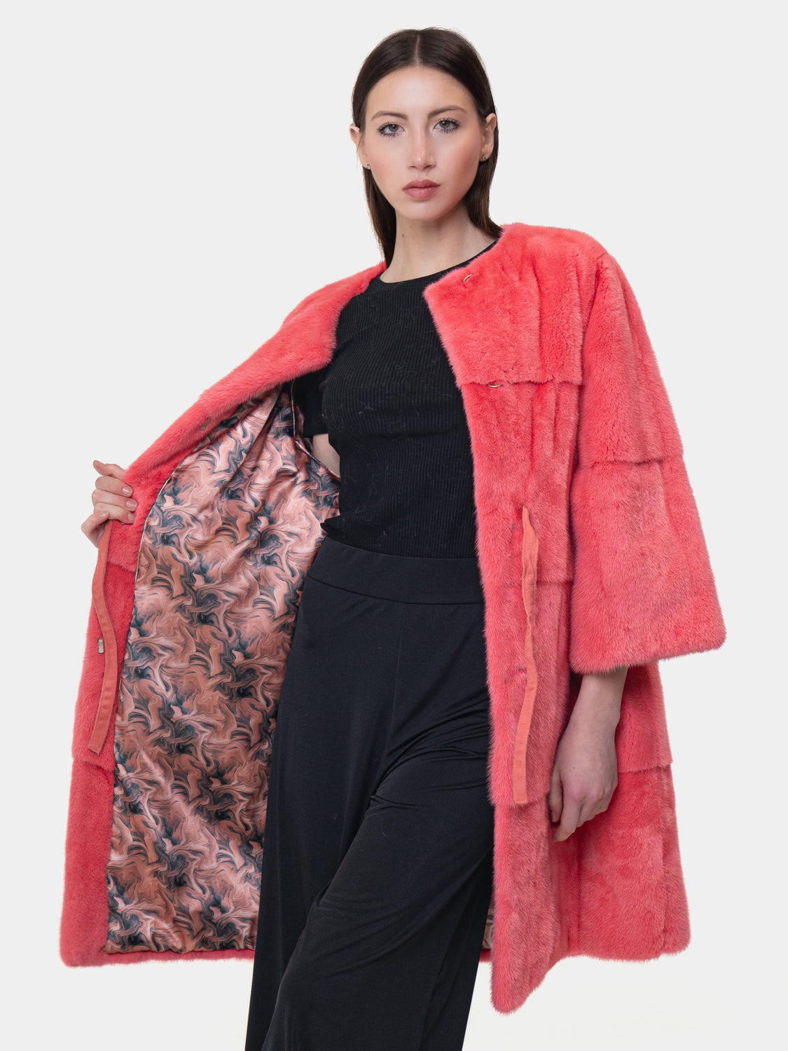 Cappotto di pelliccia in visone girocollo- Modello Kimono Rosa