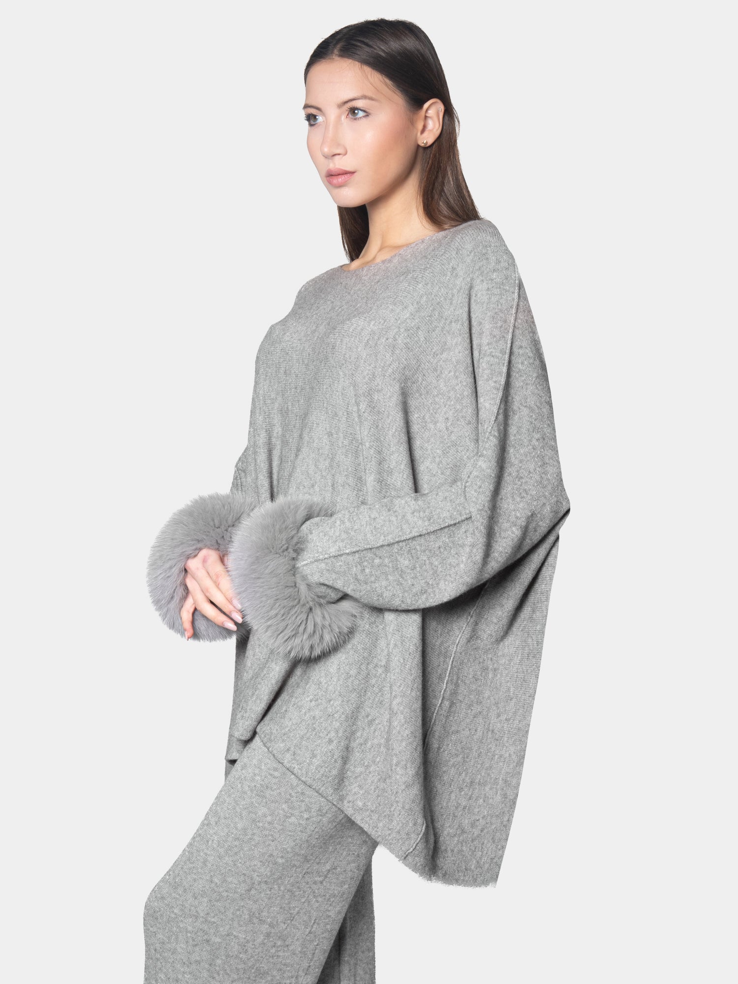 AMALFI - Viscose jumpsuit with gray fox fur cuffs