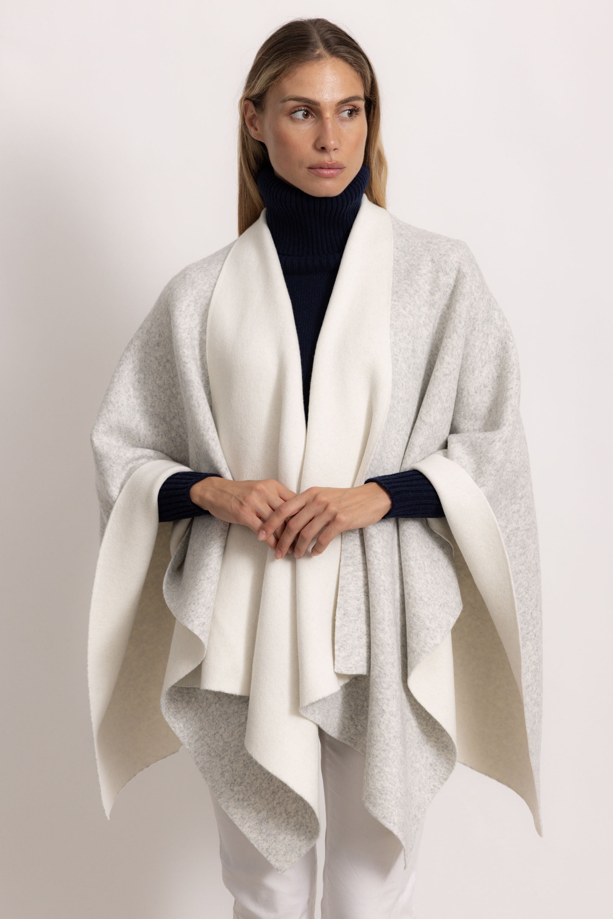 DIANA - Poncho double face (Beige Chiaro/Ecru)