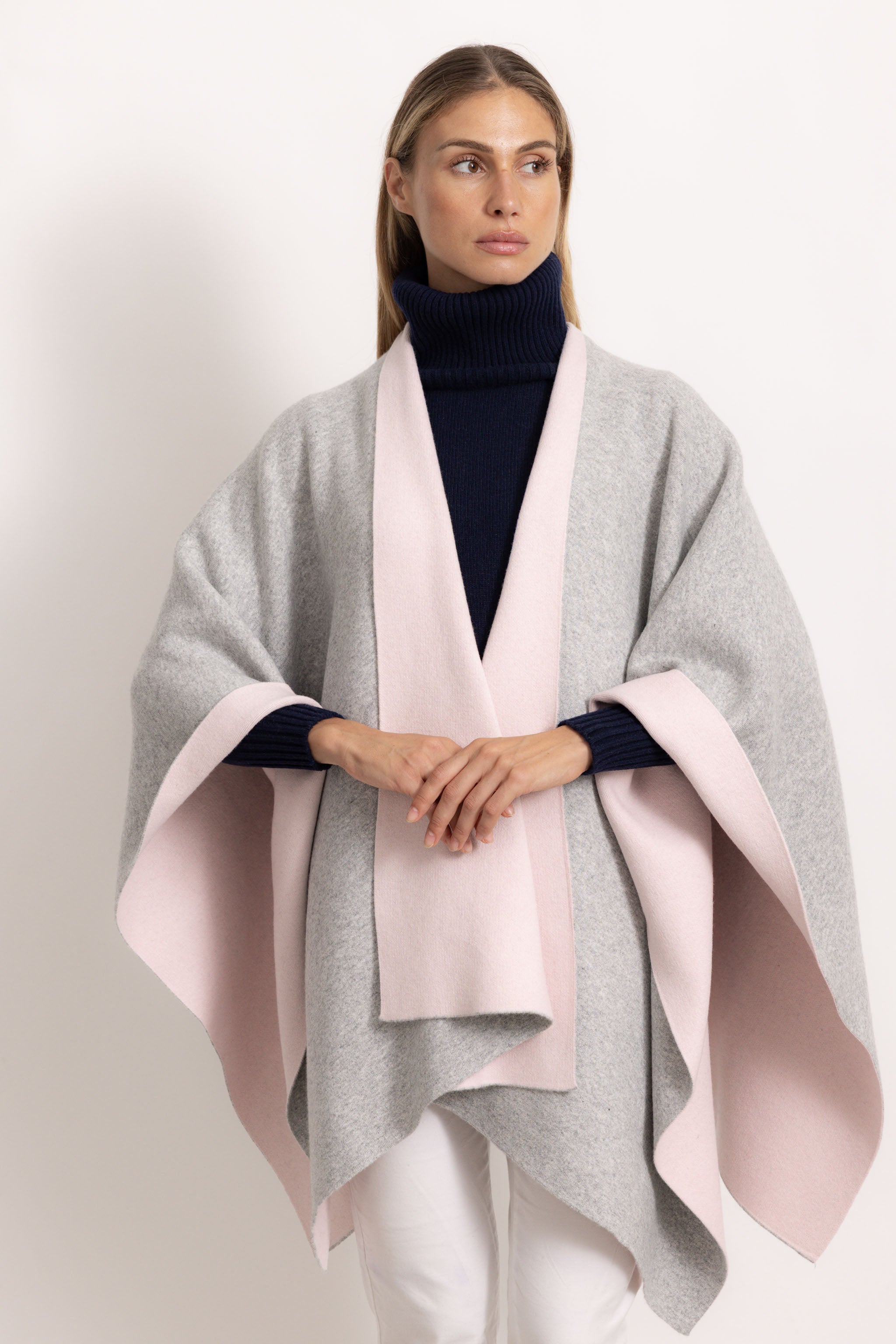 DIANA - Poncho double face (Rosa/Grigio Chiaro)