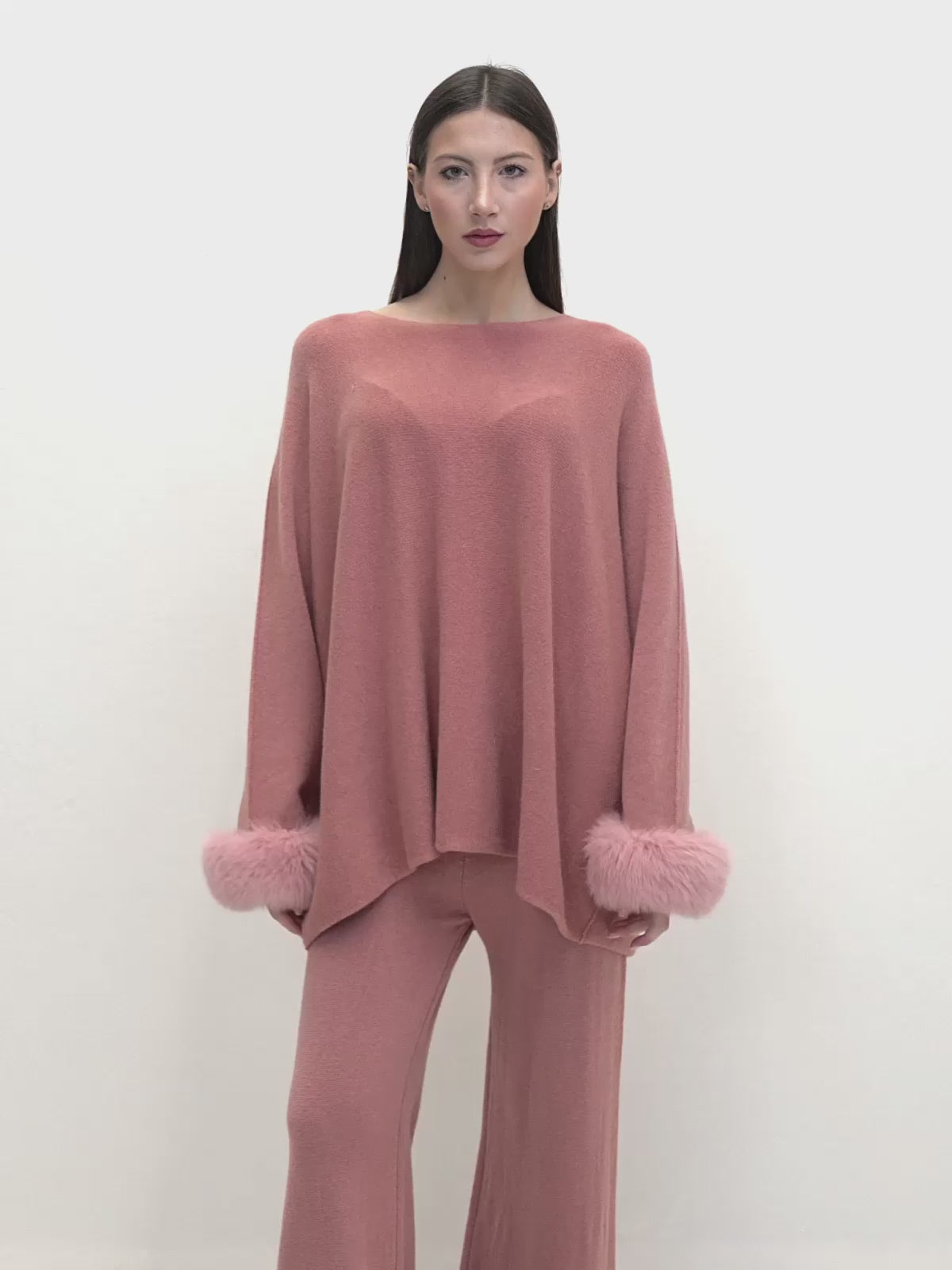 AMALFI - Viscose jumpsuit with pink fox fur cuffs