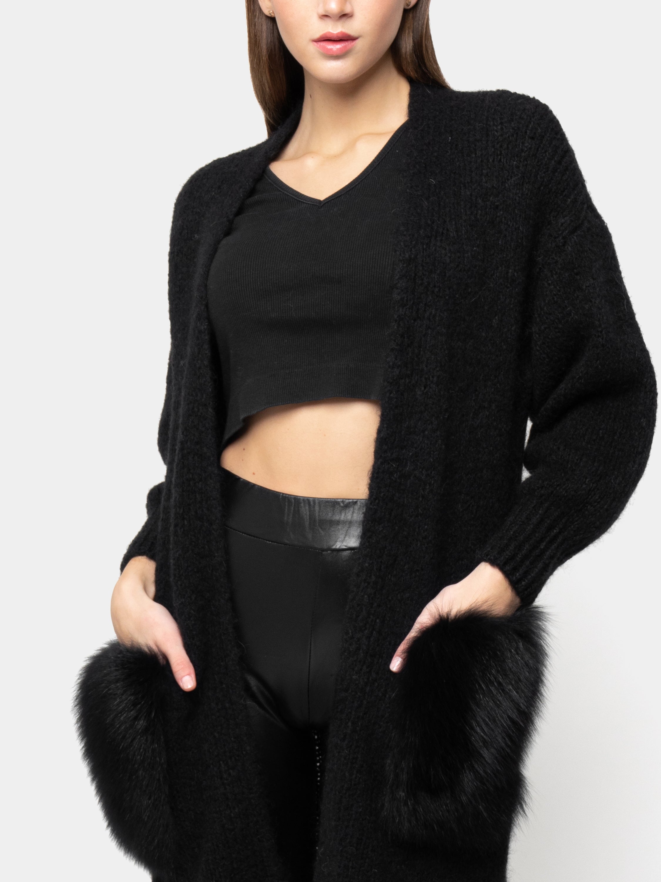 CARDIGAN - pockets in black fox fur