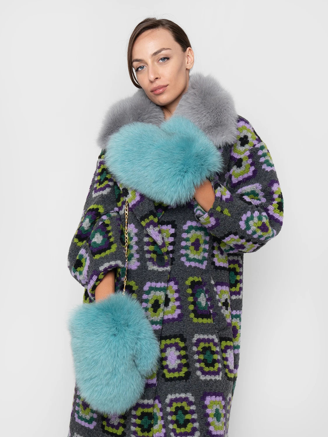 MITTENS - in turquoise fox fur