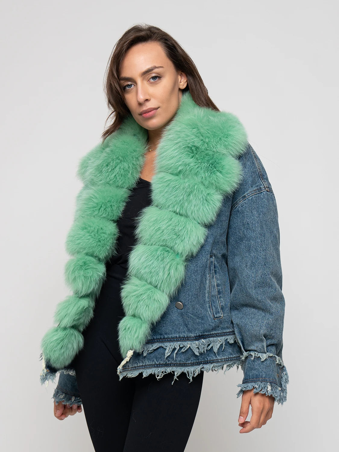 DENIM - chaqueta con ribete de zorro verde