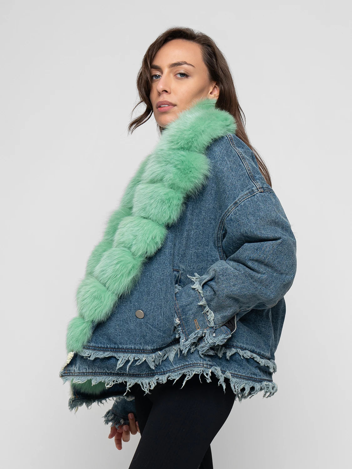 DENIM - chaqueta con ribete de zorro verde