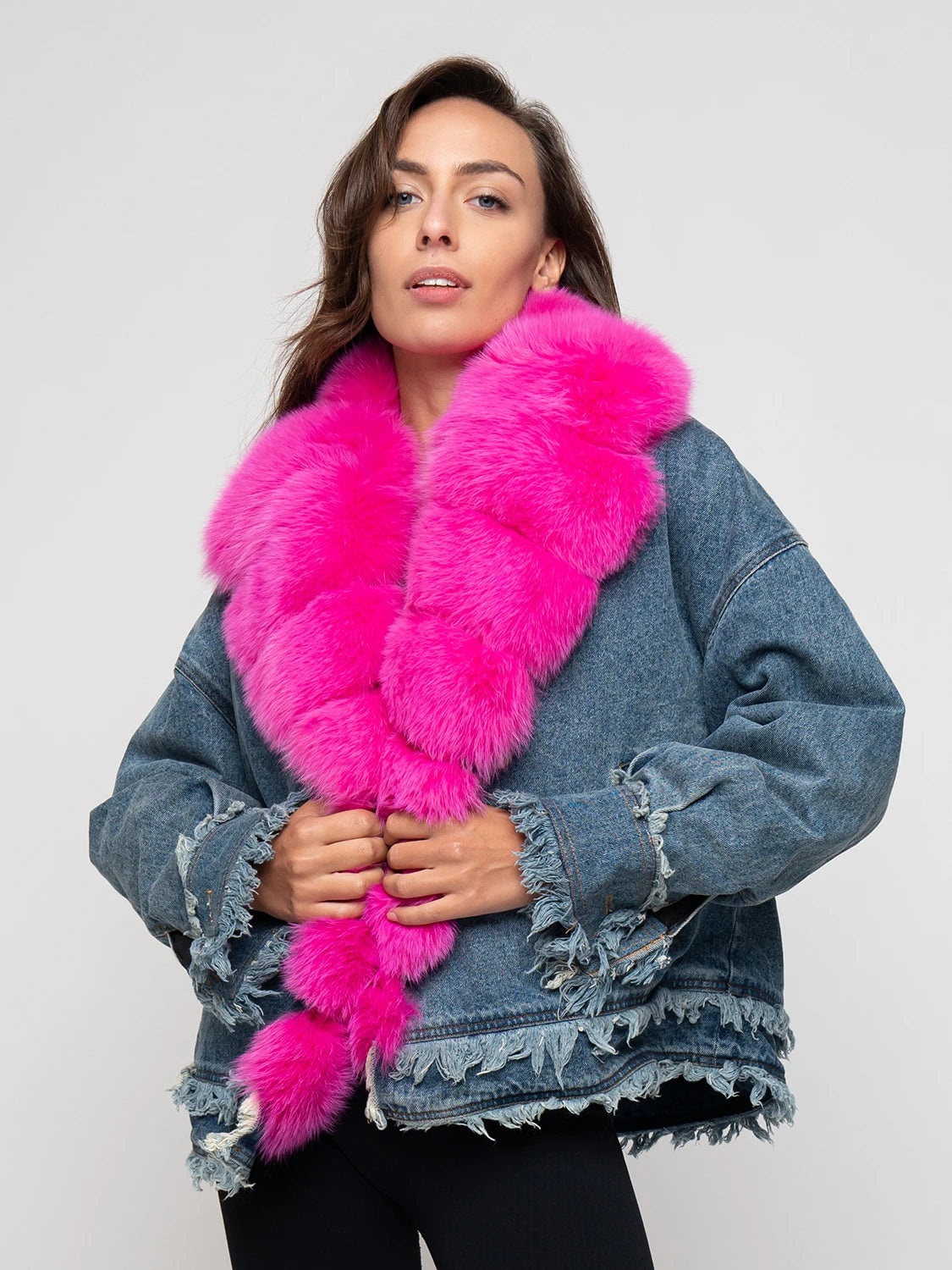 DENIM - chaqueta con ribete de zorro fucsia