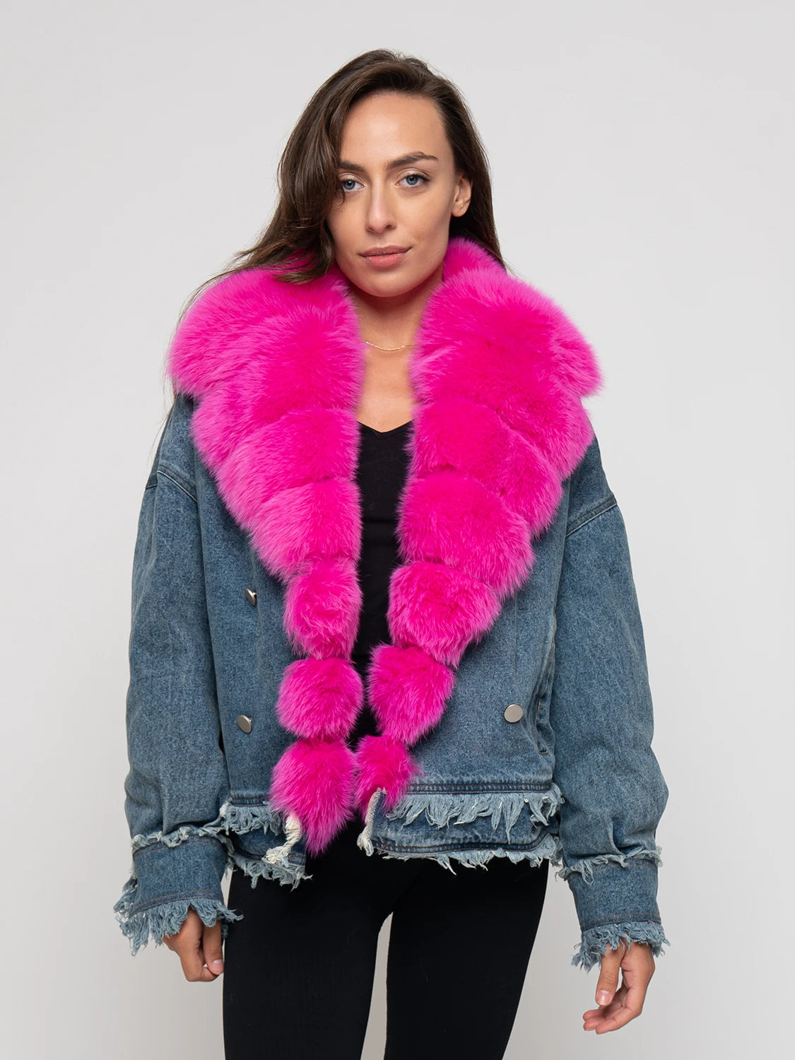 DENIM - chaqueta con ribete de zorro fucsia