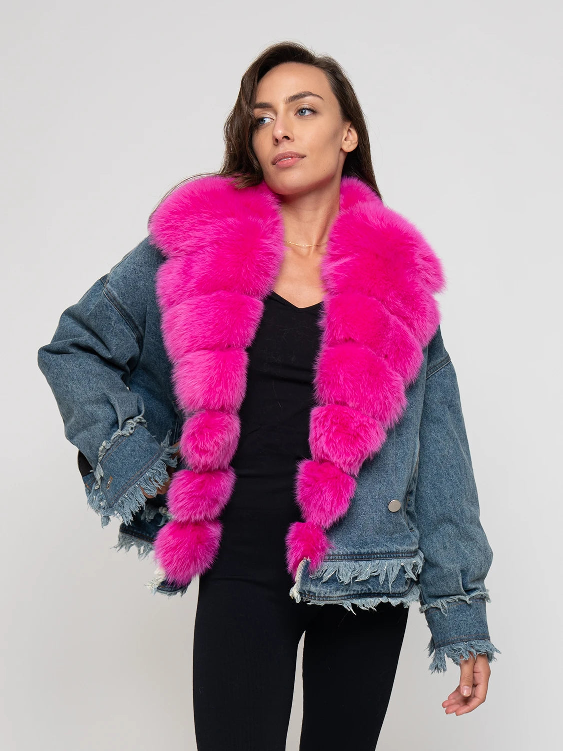 DENIM - chaqueta con ribete de zorro fucsia