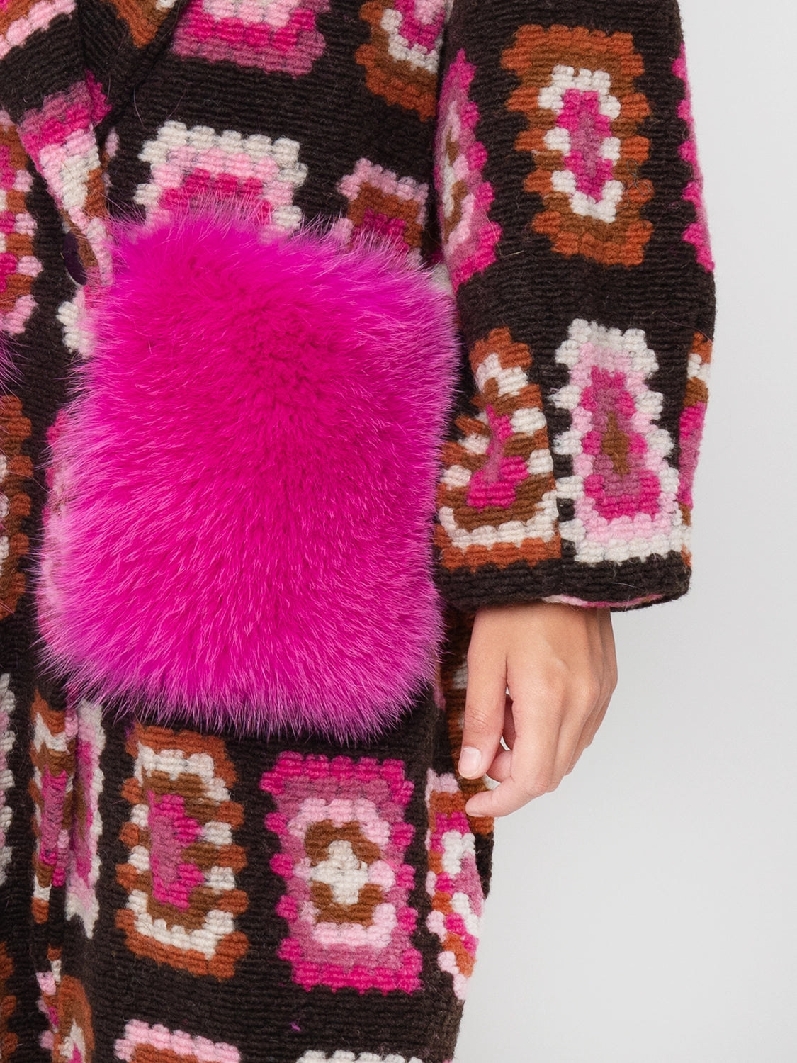 COAT - pockets and collar in fuchsia and brown fox fur