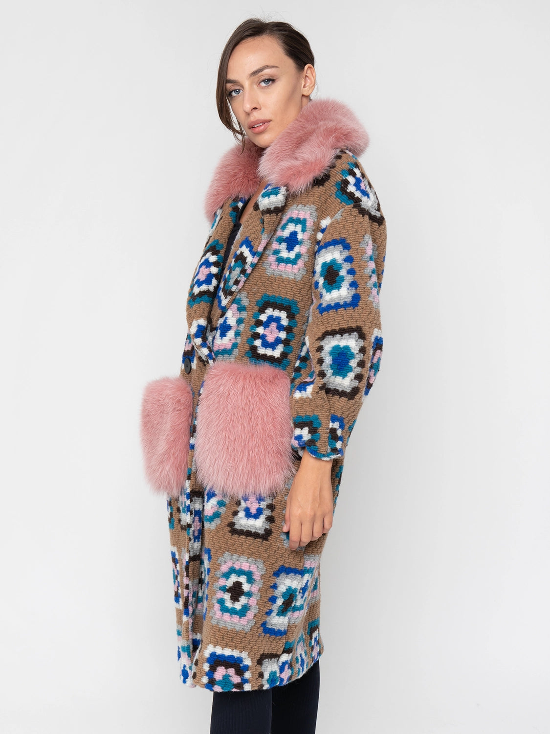 COAT - light blue and beige fox fur pockets and collar