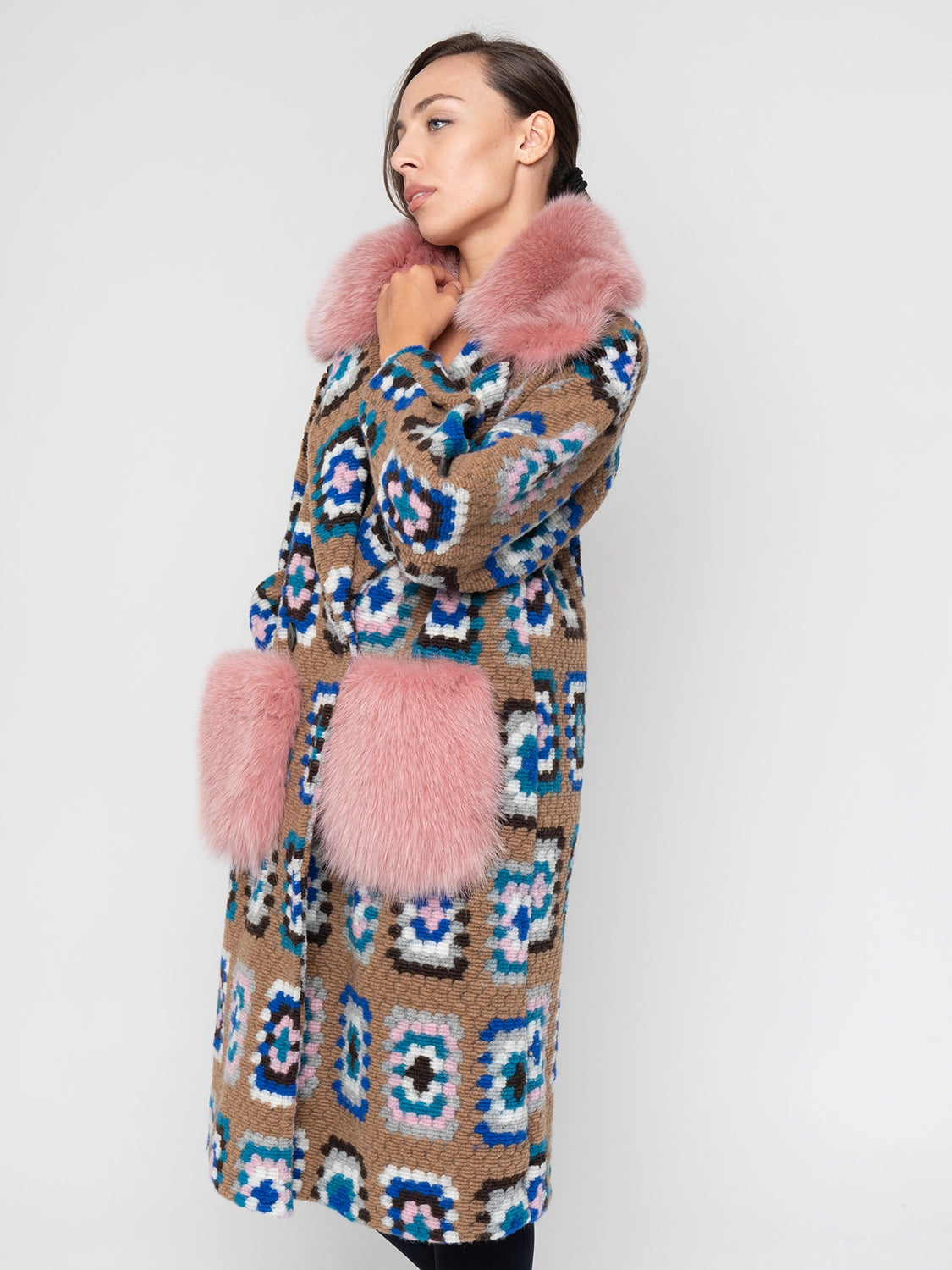 COAT - light blue and beige fox fur pockets and collar