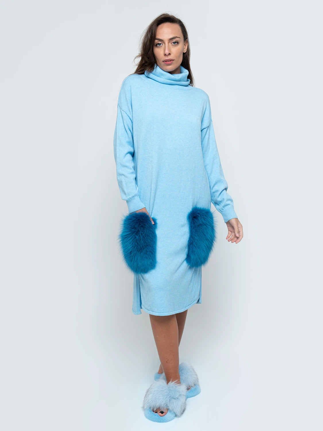 LONG DRESS - light blue fox fur pockets