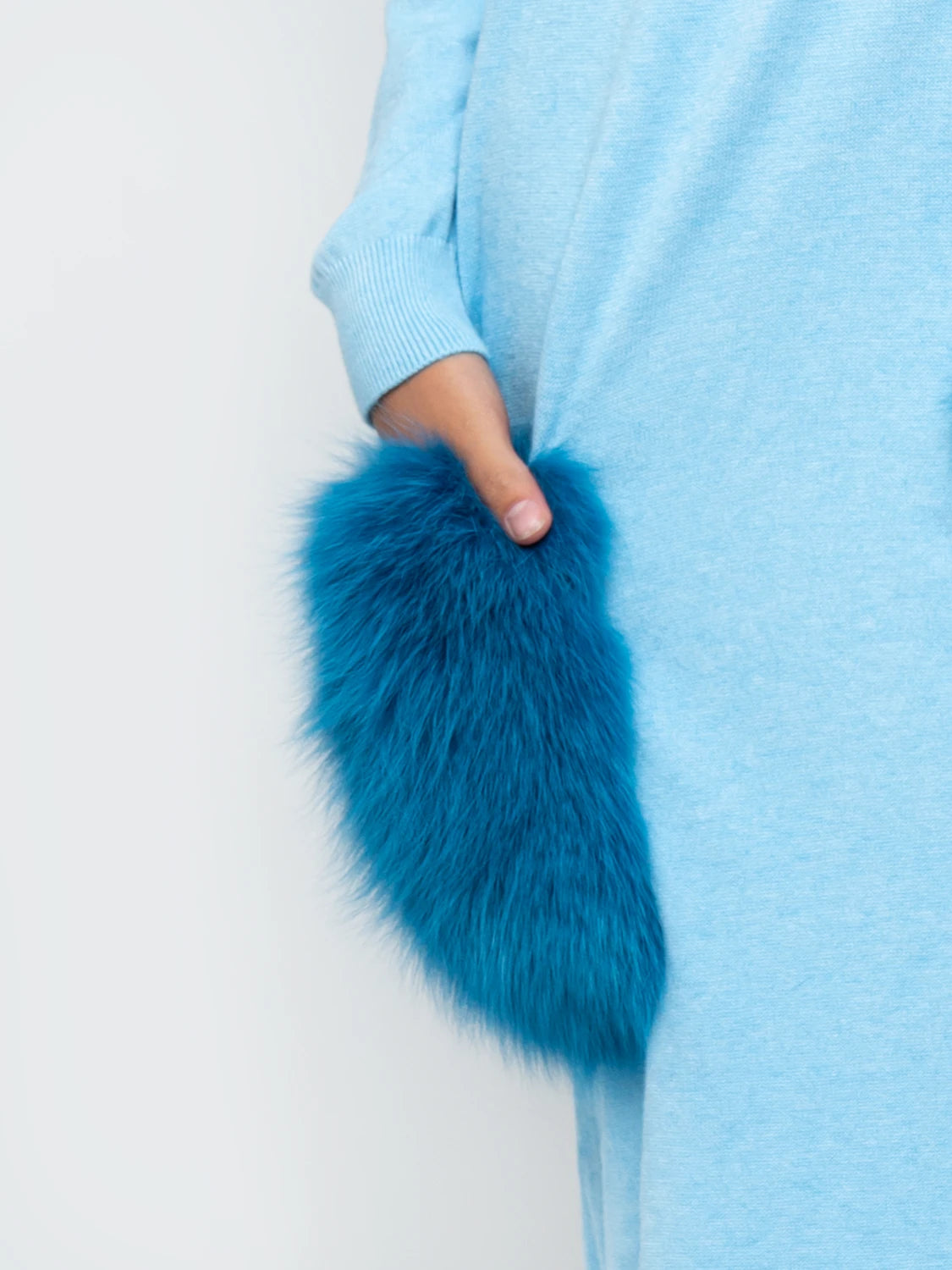 LONG DRESS - light blue fox fur pockets