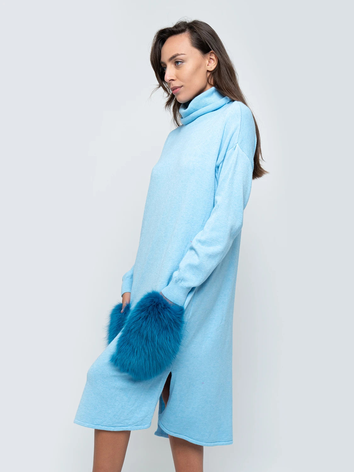 LONG DRESS - light blue fox fur pockets