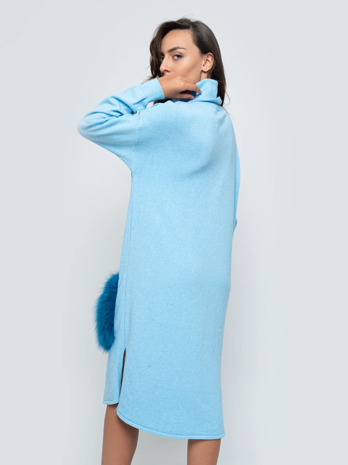 LONG DRESS - light blue fox fur pockets