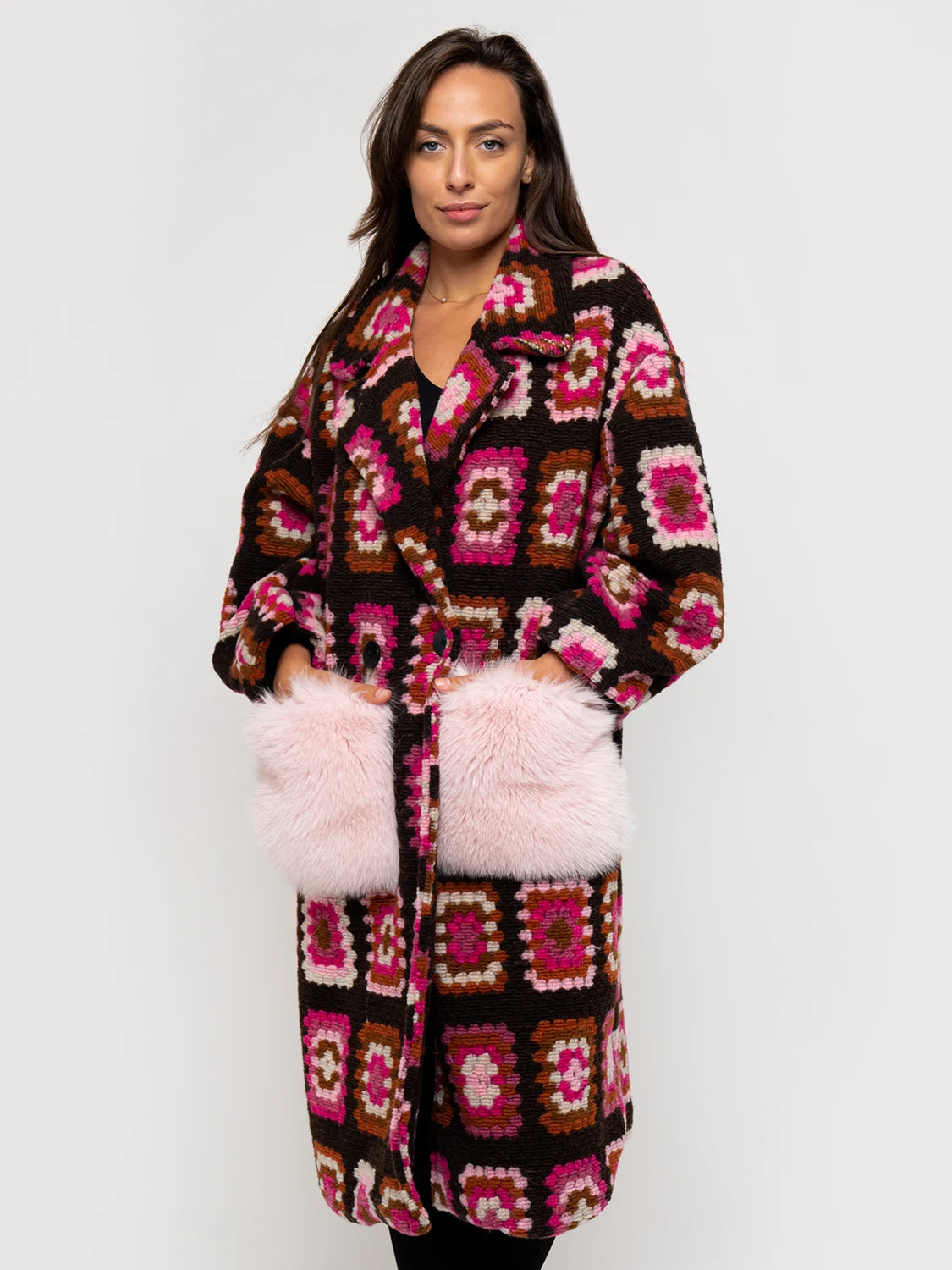 COAT - pockets in fuchsia and brown fox